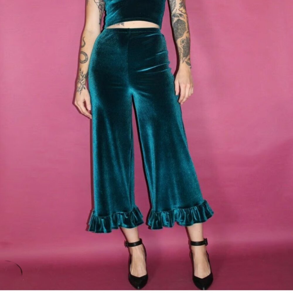 KS GARNER teal velvet/velour ruffle Luna pants